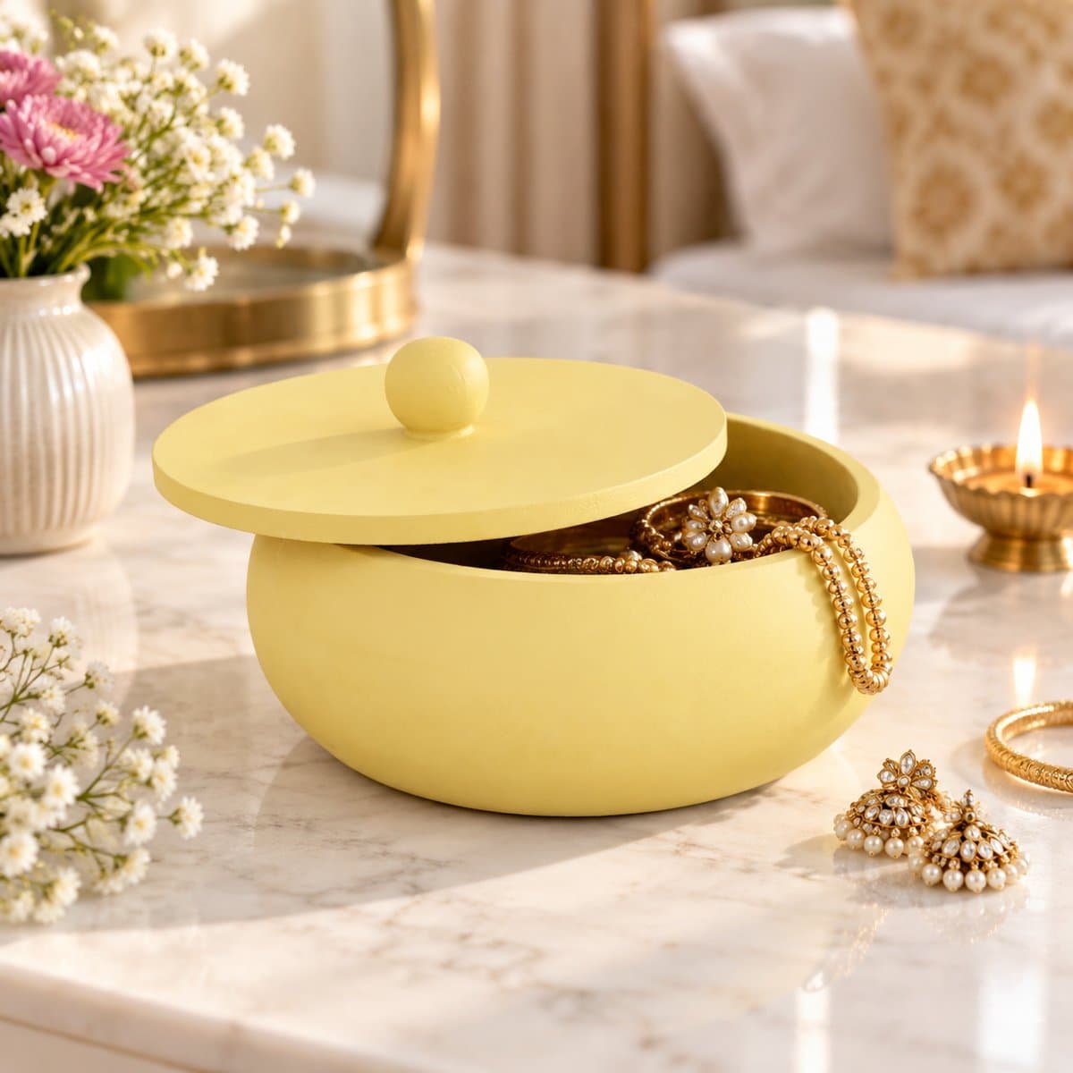 Mango Wood Pastel Yellow Lidded Box