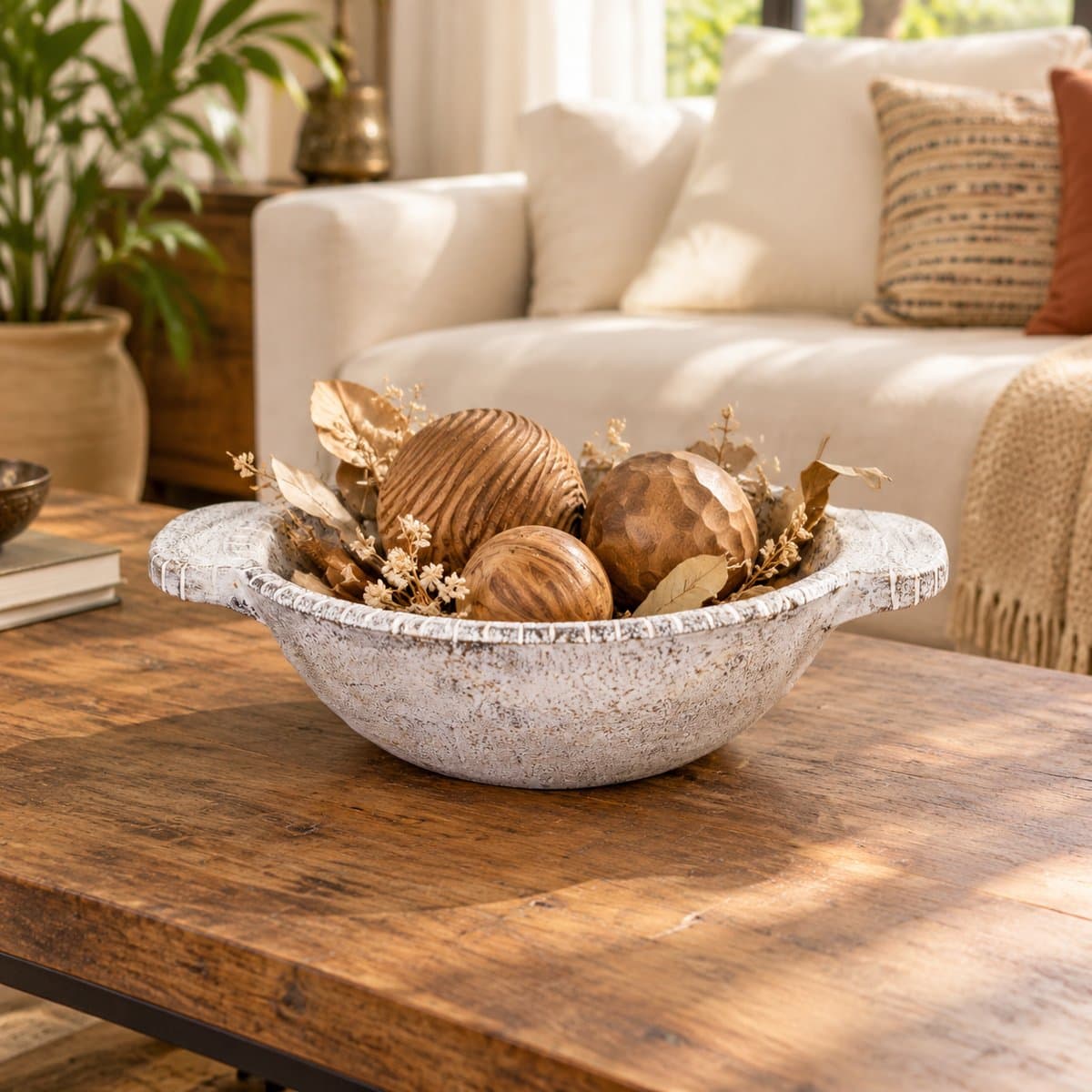 Mango Wood White Distressed Bowl with Handles
