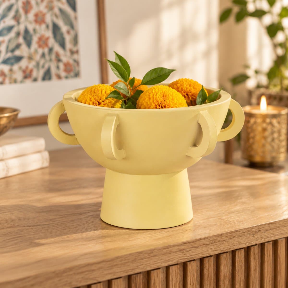 Mango Wood Yellow Pedestal Bowl with Handles