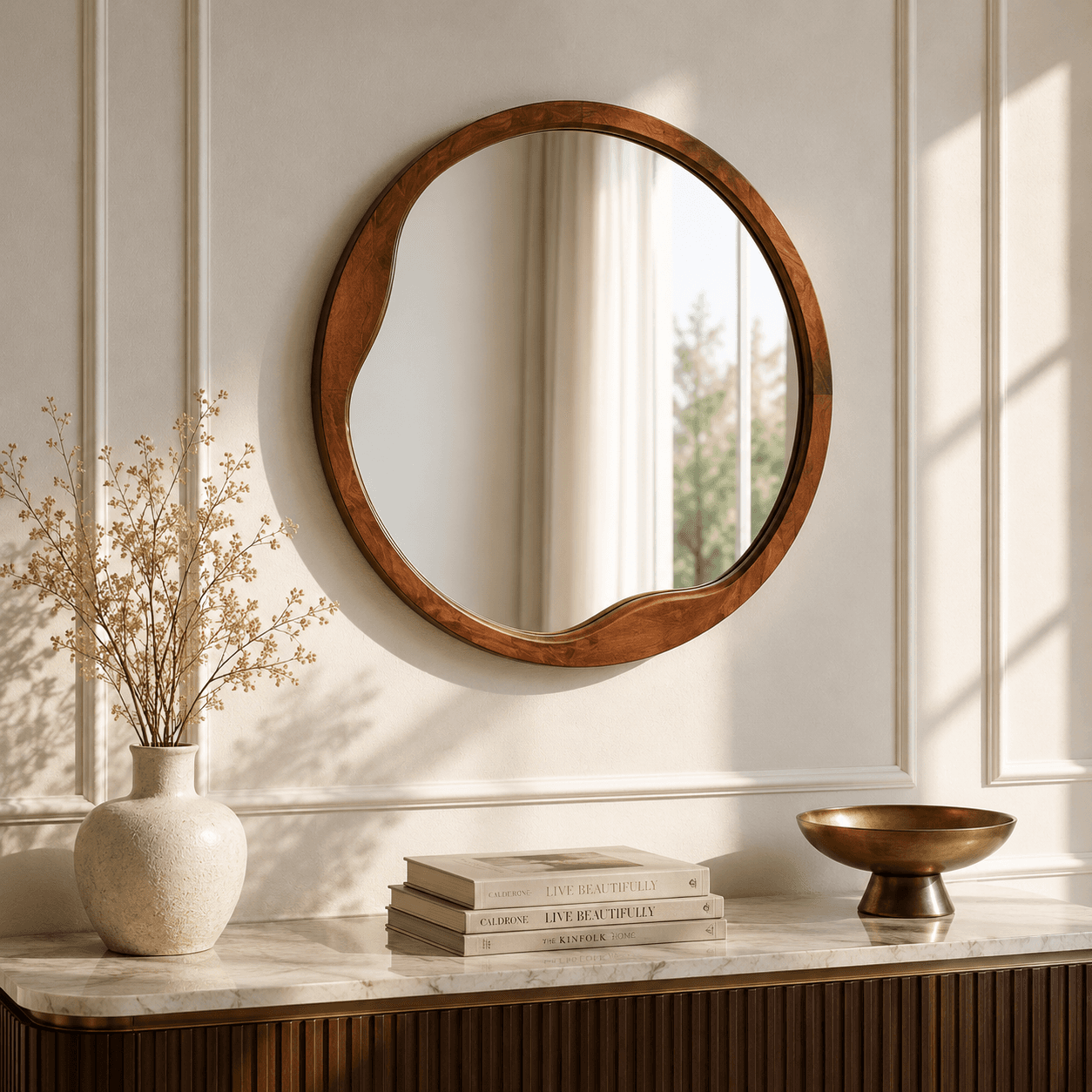 Mango wood mirror on elegant wall
