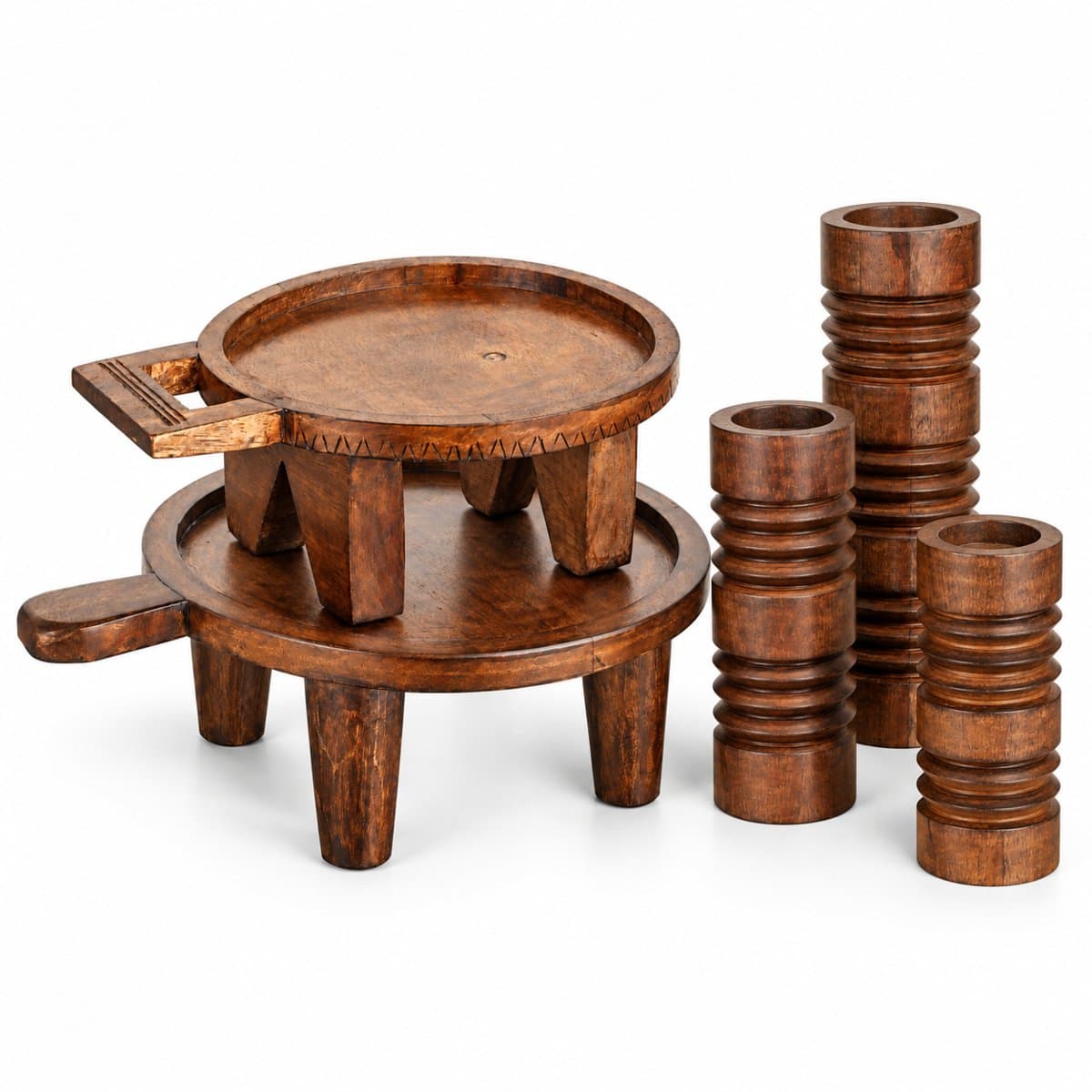 Diwali Pooja Set — Mango Wood Tray Riser Set + 3 Candle Stands view 2