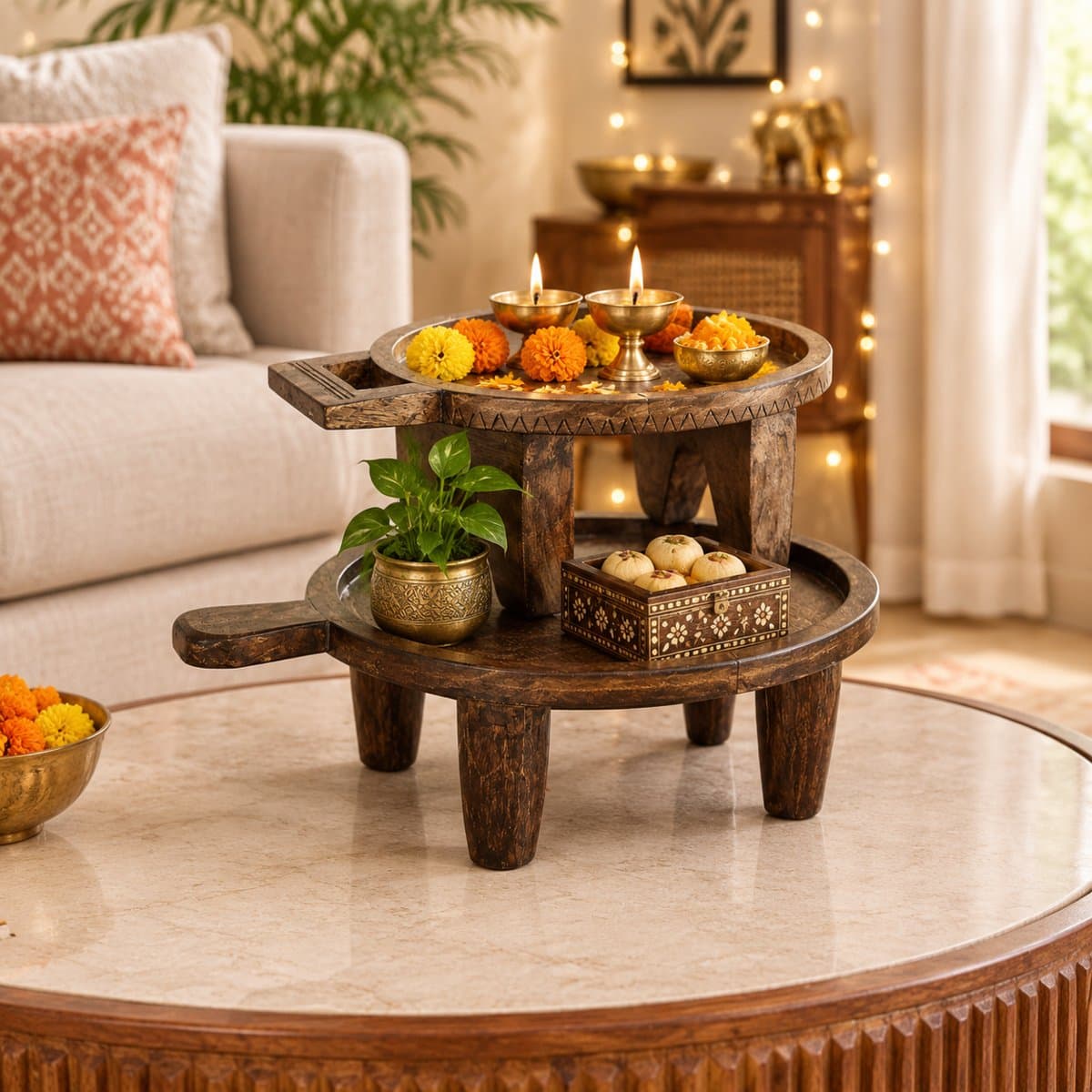Diwali Pooja Set — Mango Wood Tray Riser Set + 3 Candle Stands view 3