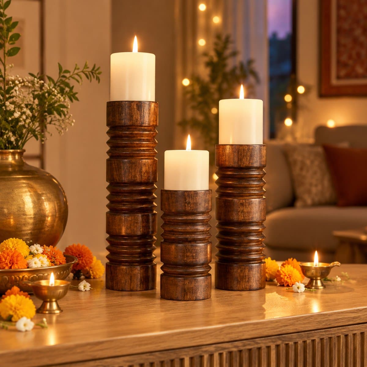 Diwali Pooja Set — Mango Wood Tray Riser Set + 3 Candle Stands view 4