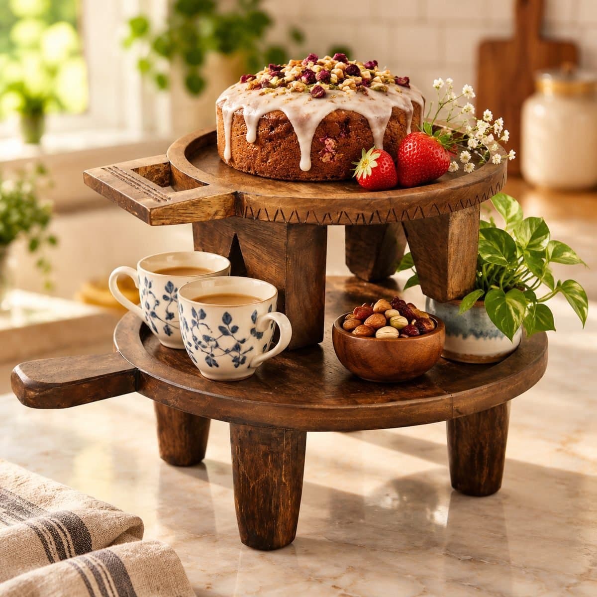 Diwali Pooja Set — Mango Wood Tray Riser Set + 3 Candle Stands view 5