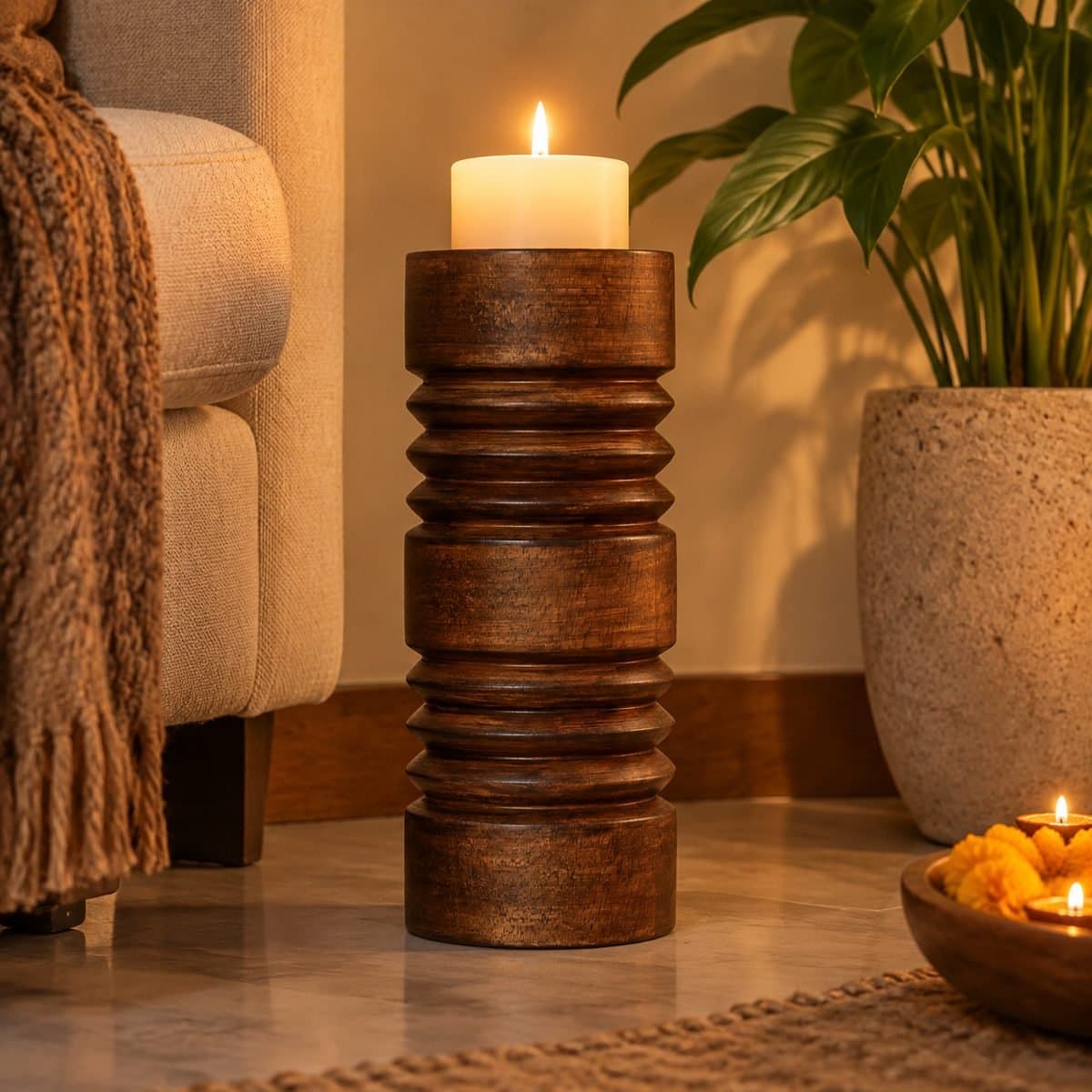 Diwali Pooja Set — Mango Wood Tray Riser Set + 3 Candle Stands view 6