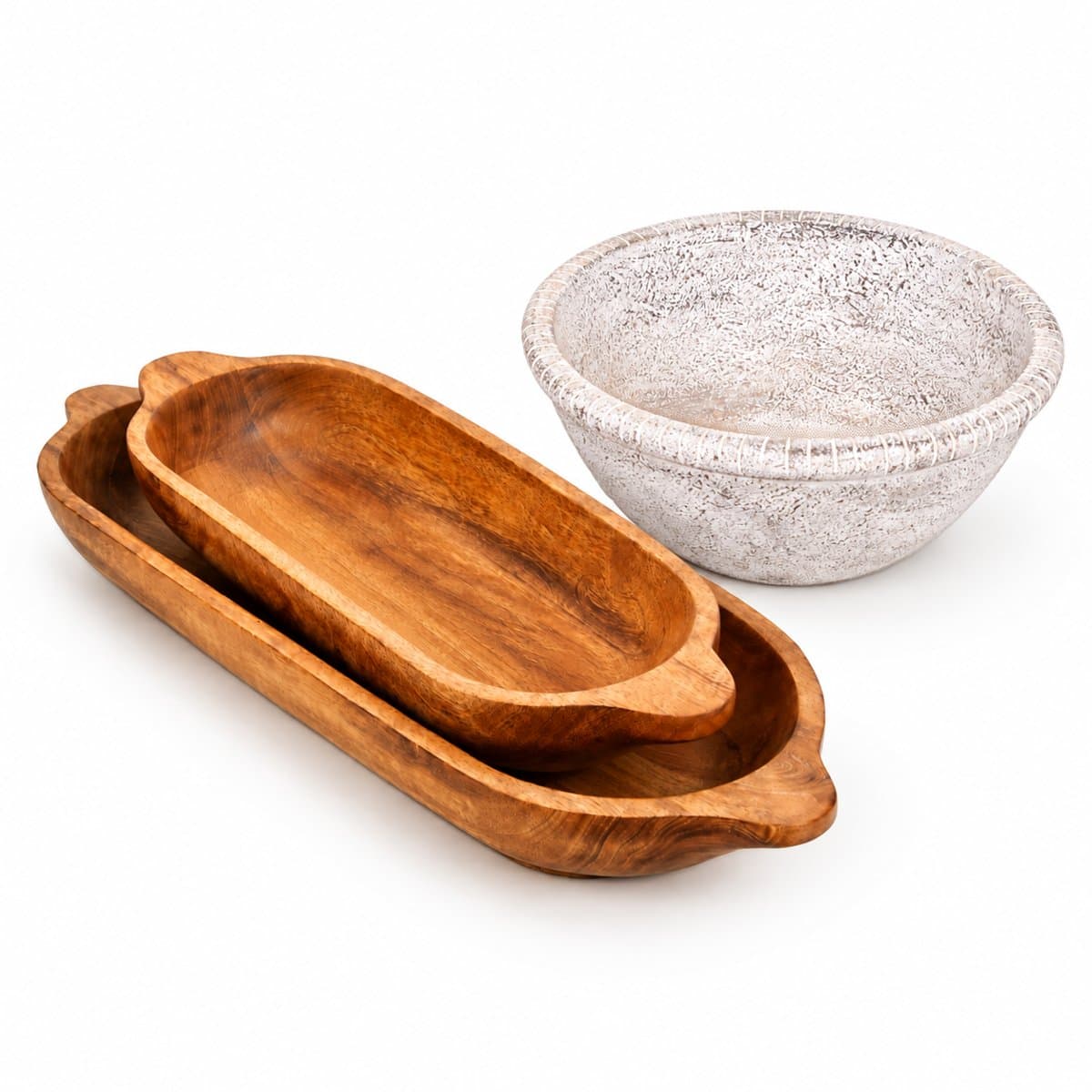Diwali Serving Set — 2 Mango Wood Dough Bowls + White Distressed Bowl view 2