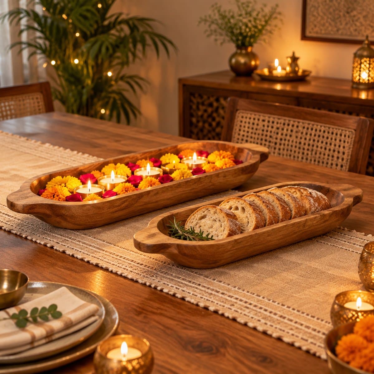 Diwali Serving Set — 2 Mango Wood Dough Bowls + White Distressed Bowl view 3