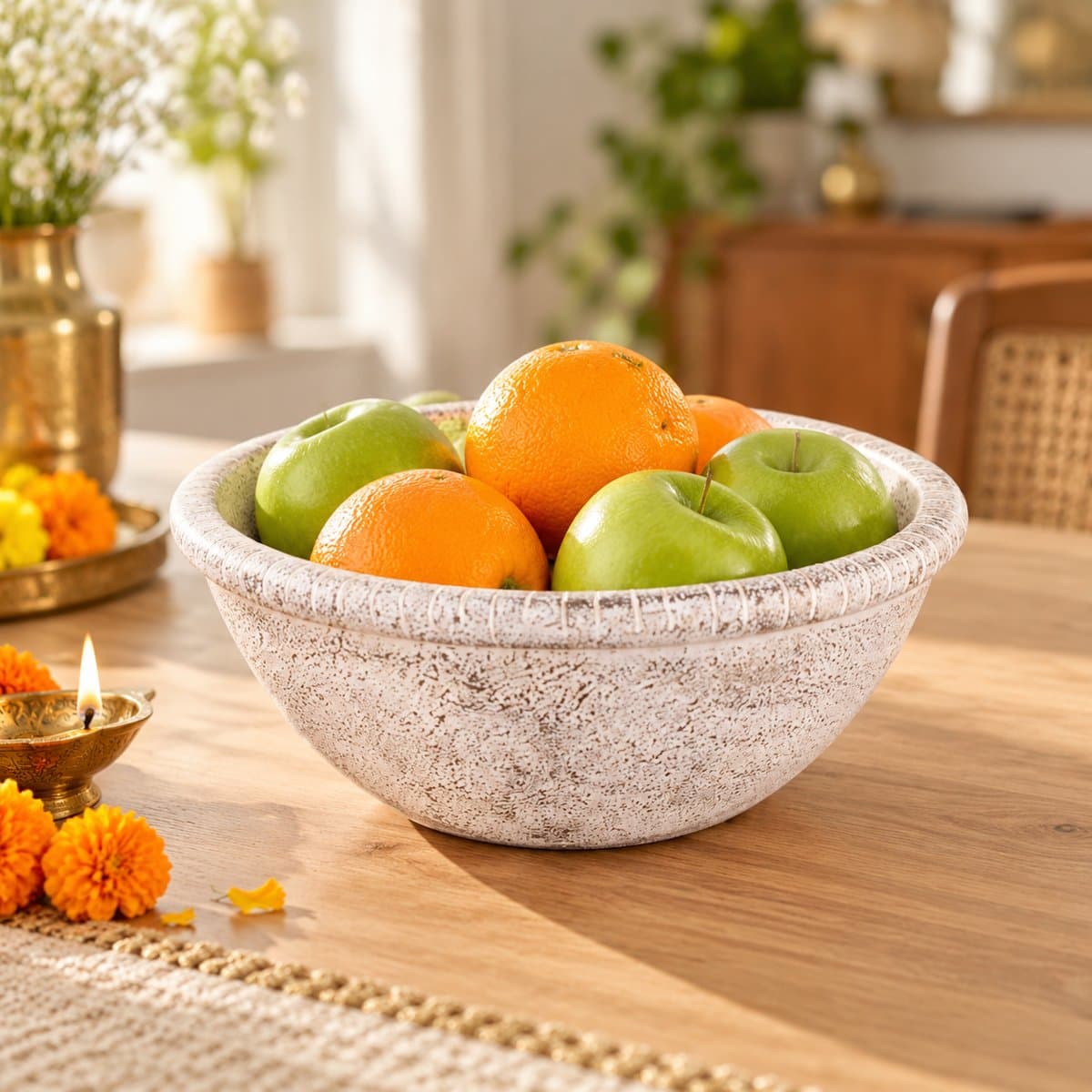 Diwali Serving Set — 2 Mango Wood Dough Bowls + White Distressed Bowl view 4