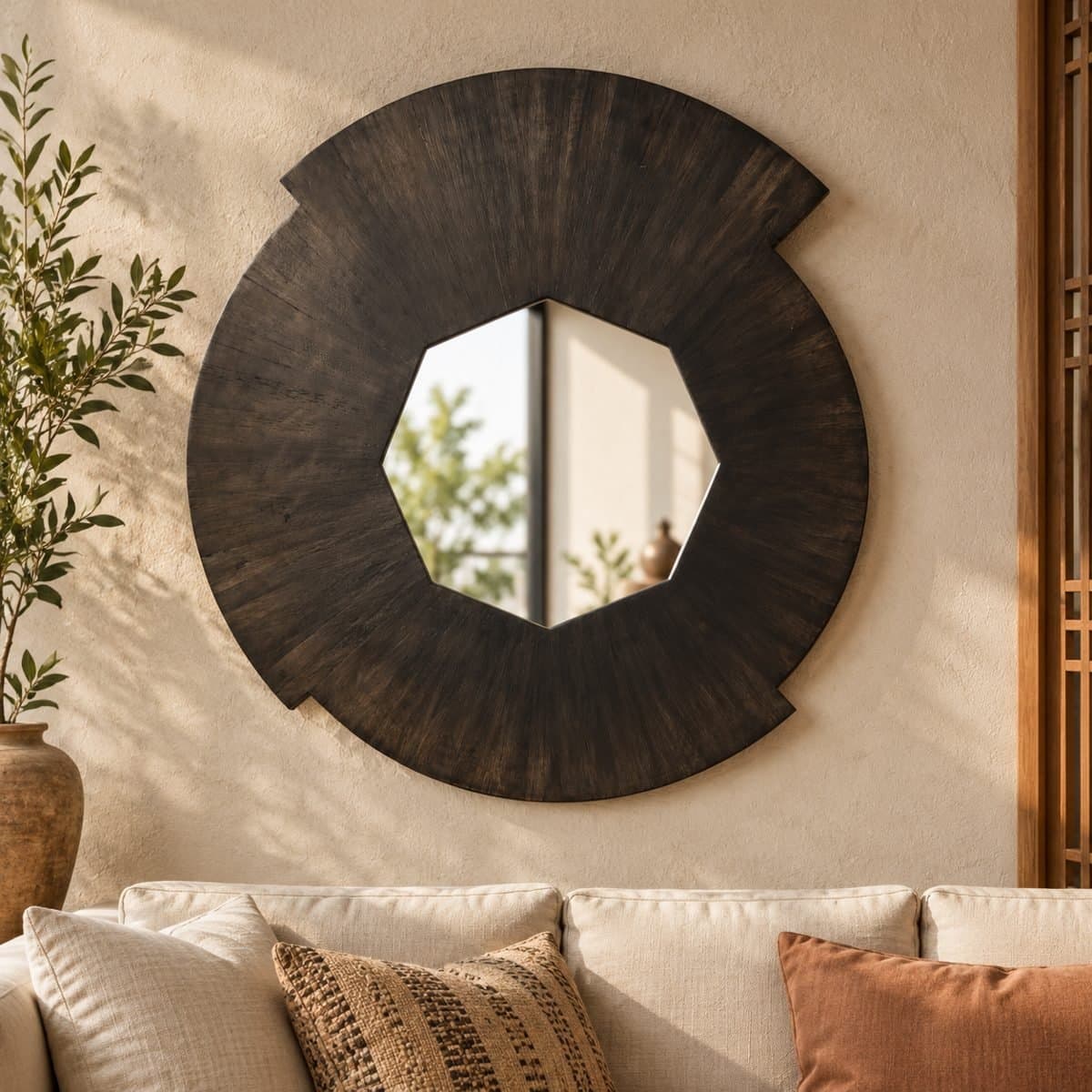 Mango Wood Round Wall Mirror with Heptagon Glass view 3