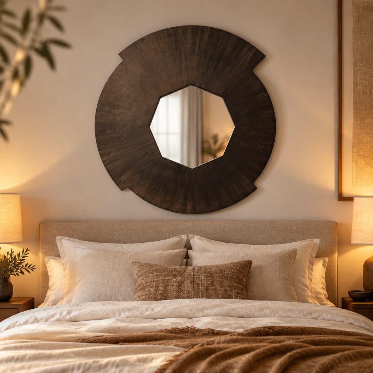 Mango Wood Round Wall Mirror with Heptagon Glass view 5