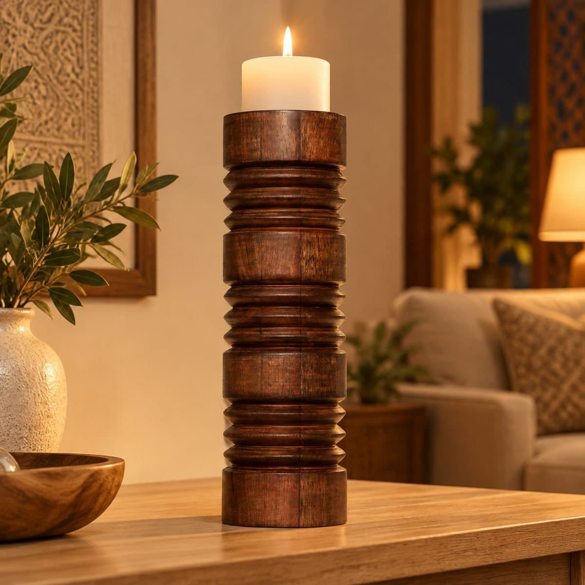 Mango Wood Ribbed Pillar Candle Stand view 3