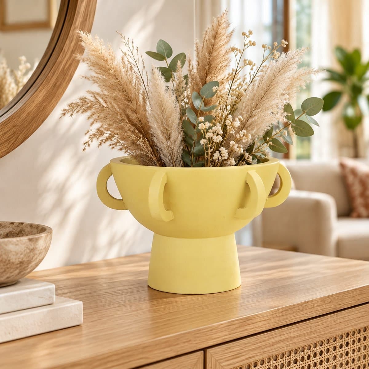 Mango Wood Yellow Pedestal Bowl with Handles view 3
