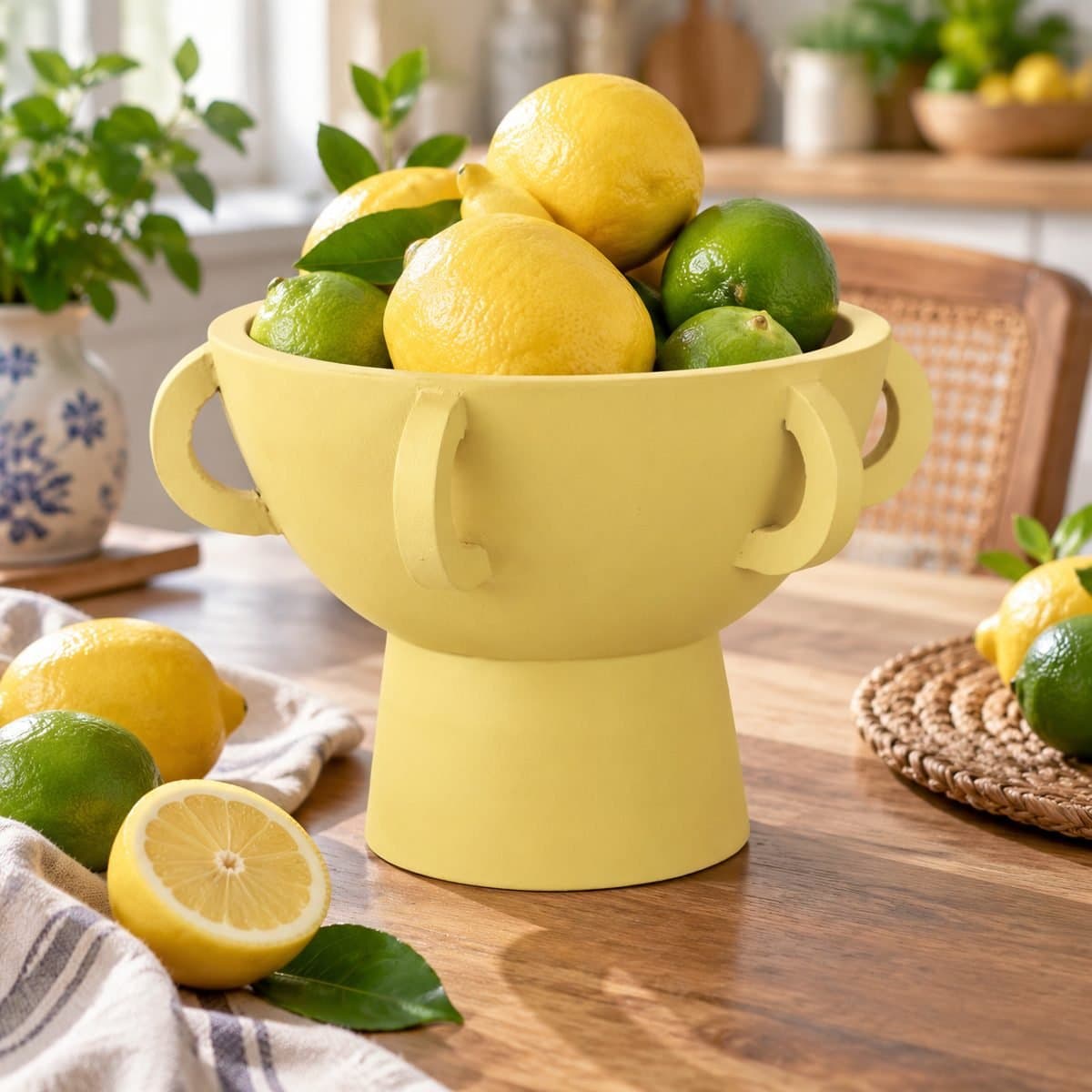 Mango Wood Yellow Pedestal Bowl with Handles view 4