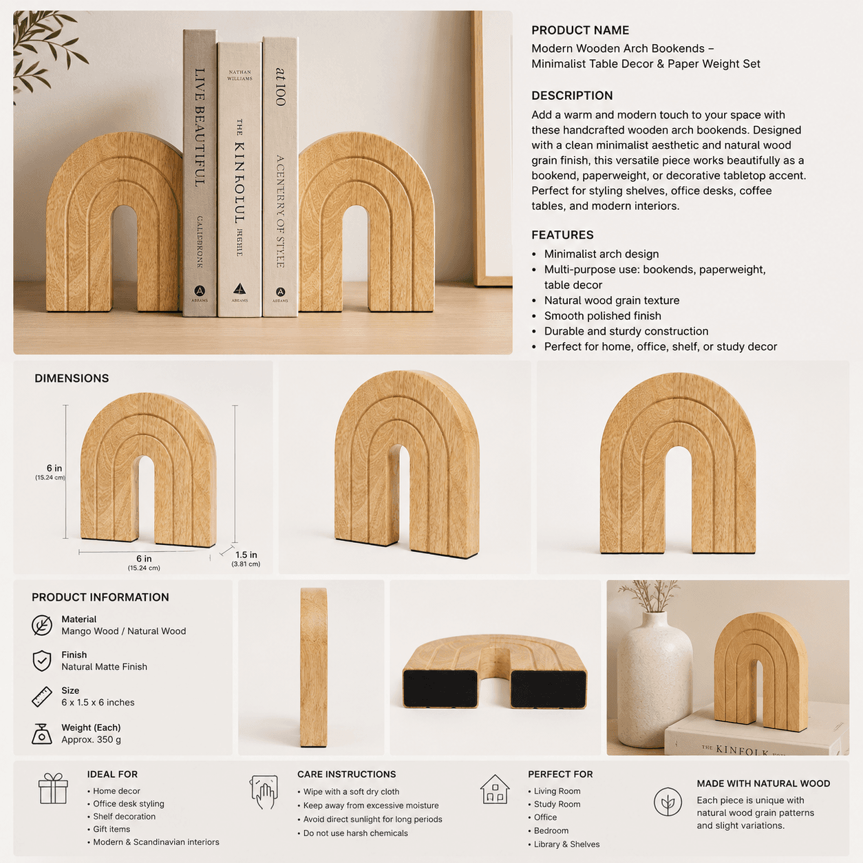 Modern Wooden Arch Bookends – Minimalist Table Decor & Paper Weight Set view 5